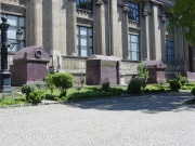 Porphyry sarcophagi of Byzantine emperors on display outside the Istanbul Archaeology Museums.