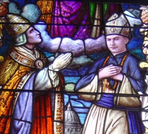 Pope Pius XI, depicted in this window at Cathedral of Our Lady of Peace, Honolulu, was ordinary of the universal Catholic Church and local ordinary of Rome. At the same time, Bishop Stephen Alencastre, Apostolic Vicar of the Sandwich Islands, was the local ordinary of Hawaii.
