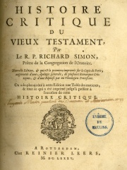 Title page of Richard Simon's "Critical History" (1685), an early work of biblical criticism.