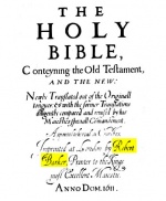 Reproduction of part of the frontis of the first edition of the King James Bible highlighting Robert Barker