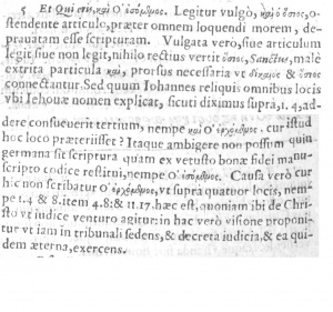 Footnote at Revelation 16:5 in Latin in the 1589 New Testament of Beza