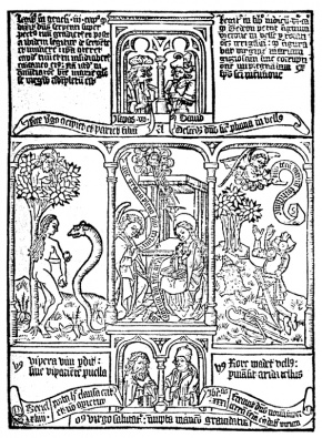 Three episodes from a block-book Biblia Pauperum illustrating typological correspondences between the Old and New Testaments: Eve and the serpent, the Annunciation, Gideon's miracle