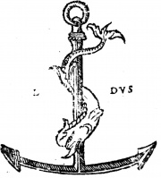 Bembo – Gli Asolani, Aldo, 1505 (page 202 crop) - picture of a dolphin wrapped around an anchor, which was Manutius's imprint.