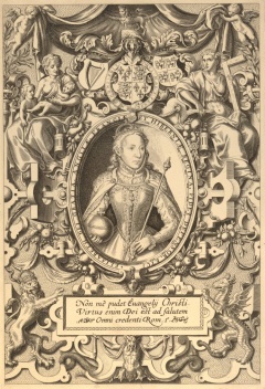 In this edition, Elizabeth is flanked by allegorical virtues of Faith and Charity.  Elizabeth therefore represents Hope.  Beneath the portrait is a Latin text from Romans 1:16