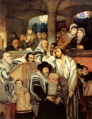 Jews praying in a synagogue on Yom Kippur, from an 1878 painting by Maurycy Gottlieb