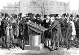 Experts inspecting the Rosetta Stone during the Second International Congress of Orientalists in London, 1874
