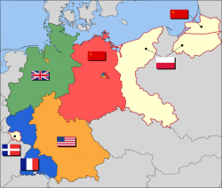 Occupation zones of Germany, 1947, with territories east of the Oder-Neisse line under Polish administration or Soviet annexation, plus the Saar protectorate and divided Berlin. East Germany was formed by the Soviet Zone, while West Germany was formed by the American, British and French zones in 1949 and the Saar in 1957.