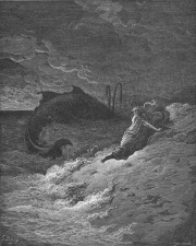 Jonah Is Spewed Forth by the Whale (Jon. 2:1-11), Bible de Tours translated from Vulgate, published (1866), illustrated by Gustave Doré.