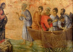 The miraculous catch of 153 fish by Duccio, 14th century, shows Jesus on the shore and the 7 fishing disciples (with Peter leaving the boat