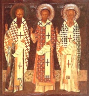 A Byzantine-style icon depicting the Three Holy Hierarchs: (left to right:) Basil the Great, John Chrysostom and Gregory the Theologian.