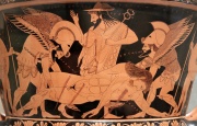 Eta in the function of /h/ on an Attic red-figured calyx-krater, 515 BC. Amongst the depicted figures are Hermes and Hypnos. Inscriptions: HERMES - HYPNOS.