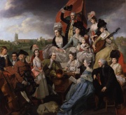 The Sharp Family, by Johann Zoffany, 1779–81, National Portrait Gallery, London. The family musical ensemble are pictured on their barge, Apollo, with All Saints Church, Fulham in the background. Granville Sharp is the seated male figure in the centre.