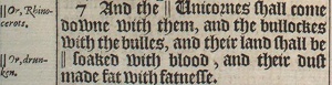 Isaiah 34:7 includes a footnote in the original King James Version of 1611 which says "Or, Rhinocerots" The two slashes in front of the word Unicorn are known as a siglum, and the 1611 edition makes use of sigla throughout