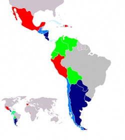 Countries that feature voseo, in blue. The deeper the blue is, the more predominant voseo is. Countries where voseo is a regionalism are in green; countries without voseo are in red.