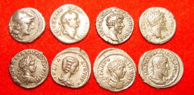 Top row left to right: c. 157 BC Roman Republic, c. AD 73 Vespasian, c. 161 Marcus Aurelius, c. 194 Septimius Severus;  Second row left to right: c. 199 Caracalla, c. 200 Julia Domna, c. 219 Elagabalus, c. 236 Maximinus Thrax