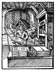 Gutenberg-style printing press from 1568. Such presses could make 240 prints per hour.[]