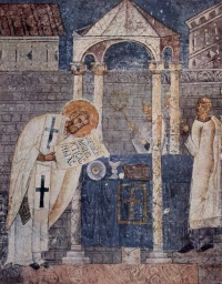Fresco of Basil the Great in the cathedral of Ohrid. The saint is shown consecrating the Gifts during the Divine Liturgy which bears his name.