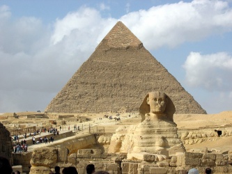 The Great Sphinx of Giza against Khafre's Pyramid at the Giza pyramid complex.